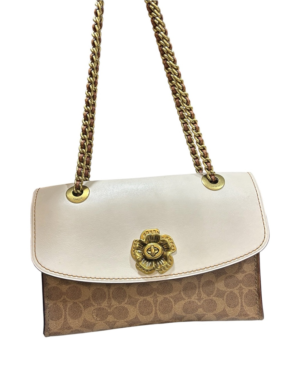 Coach Parker Floral Turnlock Chain Shoulder Bag in Cream & Brown